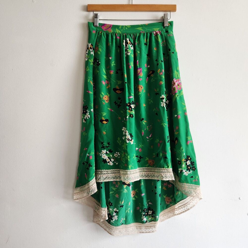 Zadig & Volatire Silk Green Floral Print High-Low Midi Skirt with Lace Trim 34